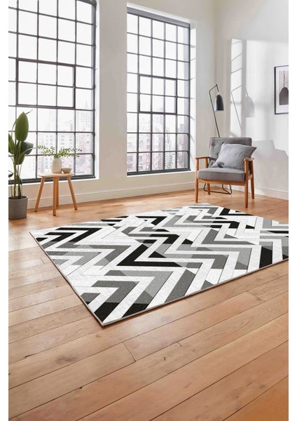 Baskılı Modern Sade Zigzag Desen Yıkanabilir Kaymaz Yolluk Mutfak Salon Halısı, Modern-142-Gri,