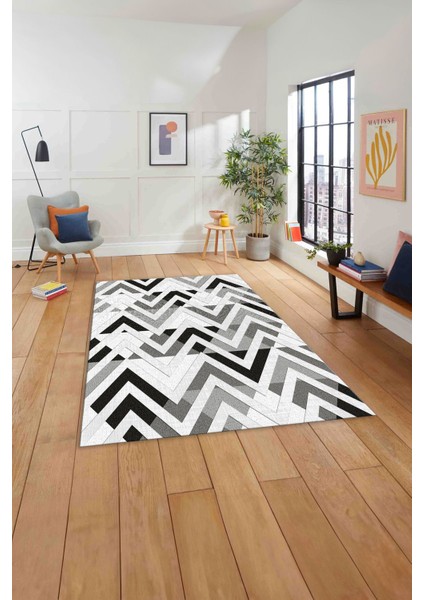 Baskılı Modern Sade Zigzag Desen Yıkanabilir Kaymaz Yolluk Mutfak Salon Halısı, Modern-142-Gri,