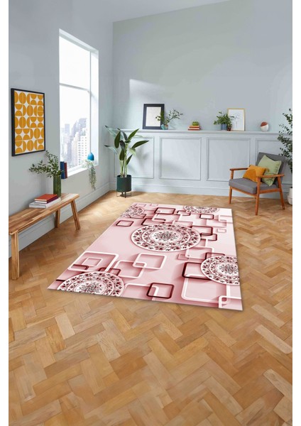 Baskılı Modern Çiçek Motifli Yıkanabilir Kaymaz Yolluk Mutfak Salon Halısı, Modern-212-Pembe,