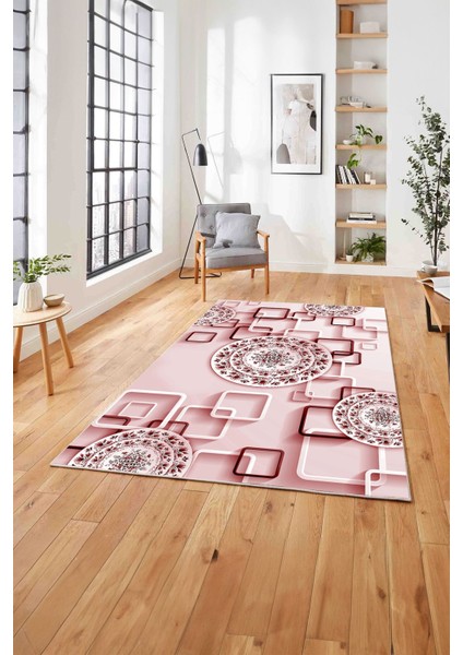 Baskılı Modern Çiçek Motifli Yıkanabilir Kaymaz Yolluk Mutfak Salon Halısı, Modern-212-Pembe,
