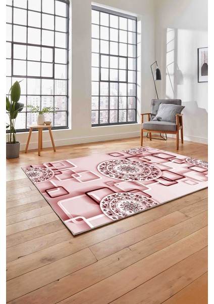 Baskılı Modern Çiçek Motifli Yıkanabilir Kaymaz Yolluk Mutfak Salon Halısı, Modern-212-Pembe,