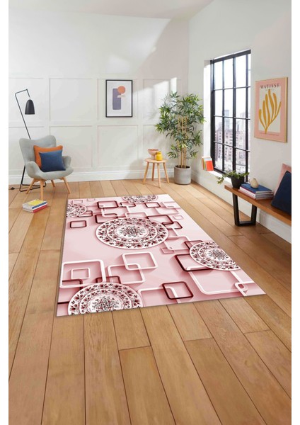 Baskılı Modern Çiçek Motifli Yıkanabilir Kaymaz Yolluk Mutfak Salon Halısı, Modern-212-Pembe,