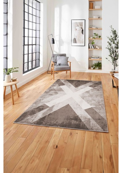 Baskılı Modern Çapra Çizgi Desen Yıkanabilir Kaymaz Yolluk Mutfak Salon Halısı, Modern-166-Bej,