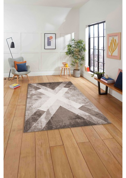 Baskılı Modern Çapra Çizgi Desen Yıkanabilir Kaymaz Yolluk Mutfak Salon Halısı, Modern-166-Bej,