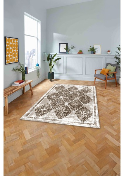 Baskılı Modern Vektörel Modelli Yıkanabilir Kaymaz Yolluk Mutfak Salon Halısı, Modern-131-Kahve,