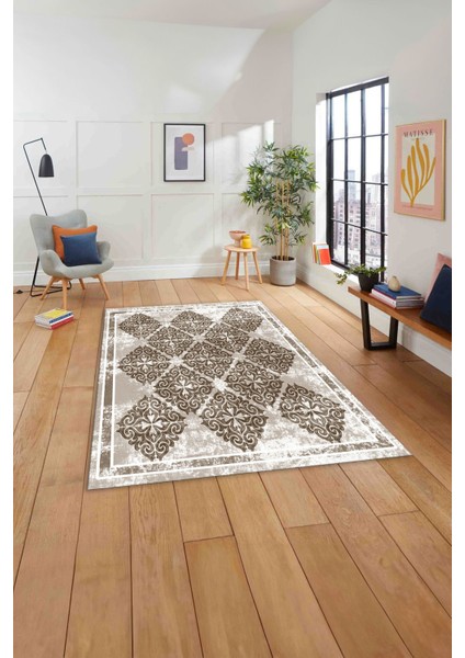 Baskılı Modern Vektörel Modelli Yıkanabilir Kaymaz Yolluk Mutfak Salon Halısı, Modern-131-Kahve,