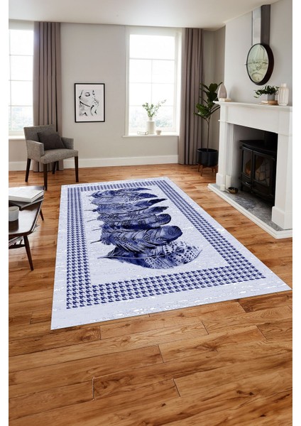 Baskılı Modern Kuş Tüyü Desen Yıkanabilir Kaymaz Yolluk Mutfak Salon Halısı, Modern-149-Lacivert,