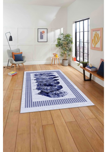 Baskılı Modern Kuş Tüyü Desen Yıkanabilir Kaymaz Yolluk Mutfak Salon Halısı, Modern-149-Lacivert, indirimleri