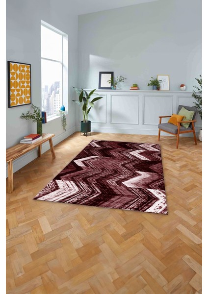 Baskılı Modern Zigzag Model Yıkanabilir Kaymaz Yolluk Mutfak Salon Halısı, Modern-178-Bordo,