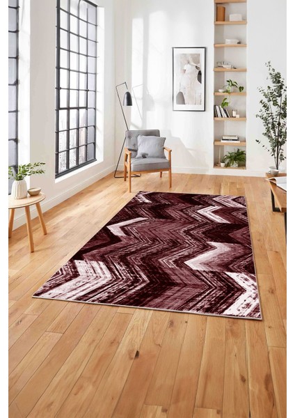 Baskılı Modern Zigzag Model Yıkanabilir Kaymaz Yolluk Mutfak Salon Halısı, Modern-178-Bordo,