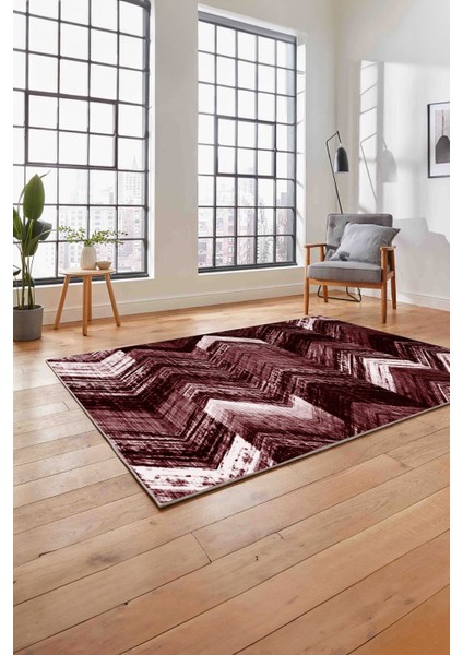 Baskılı Modern Zigzag Model Yıkanabilir Kaymaz Yolluk Mutfak Salon Halısı, Modern-178-Bordo,