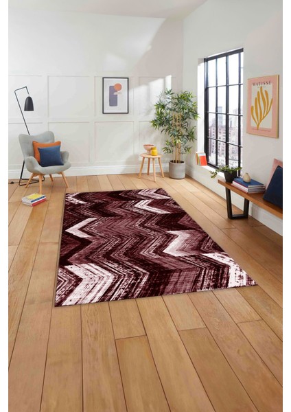 Baskılı Modern Zigzag Model Yıkanabilir Kaymaz Yolluk Mutfak Salon Halısı, Modern-178-Bordo,