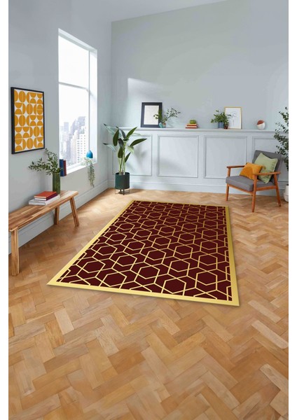 Dijital Baskılı Modern Küp Model Yıkanabilir Kaymaz Yolluk Mutfak Salon Halısı, Modern-161-Bordo,
