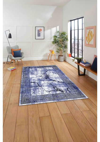 Baskılı Modern Mermer Zeminli Yıkanabilir Kaymaz Yolluk Mutfak Salon Halısı, Modern-187-Lacivert, indirimleri