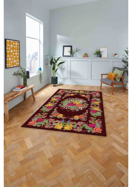 Baskılı Modern Klasik Çiçek Model Yıkanabilir Kaymaz Yolluk Mutfak Salon Halısı, Modern-152-Bordo,