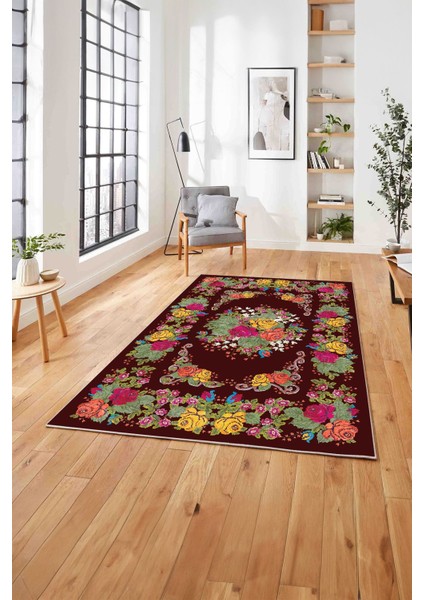 Baskılı Modern Klasik Çiçek Model Yıkanabilir Kaymaz Yolluk Mutfak Salon Halısı, Modern-152-Bordo,