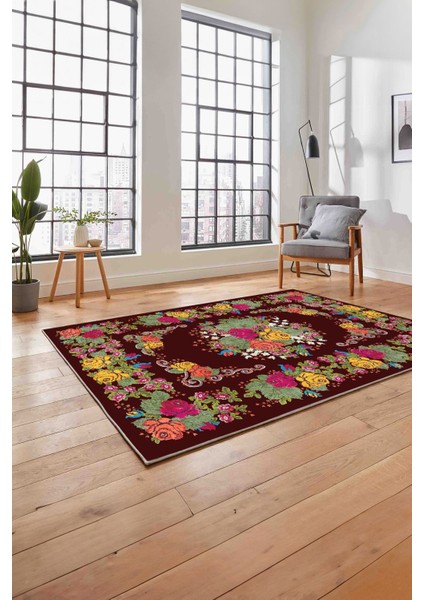 Baskılı Modern Klasik Çiçek Model Yıkanabilir Kaymaz Yolluk Mutfak Salon Halısı, Modern-152-Bordo,