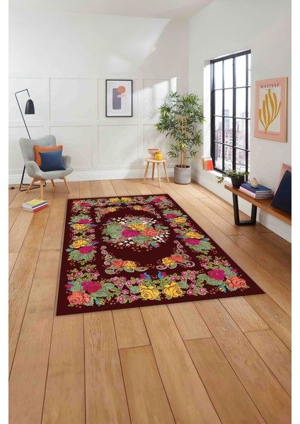 Baskılı Modern Klasik Çiçek Model Yıkanabilir Kaymaz Yolluk Mutfak Salon Halısı, Modern-152-Bordo,