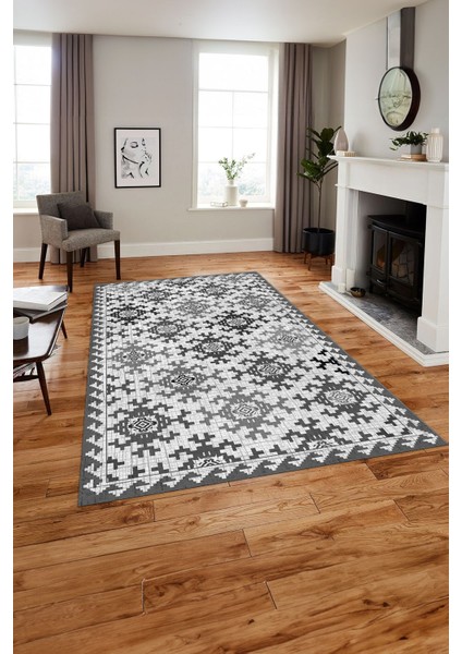 Baskılı Modern Etnik Klasik Desen Yıkanabilir Kaymaz Yolluk Mutfak Salon Halısı, Modern-163-Gri,