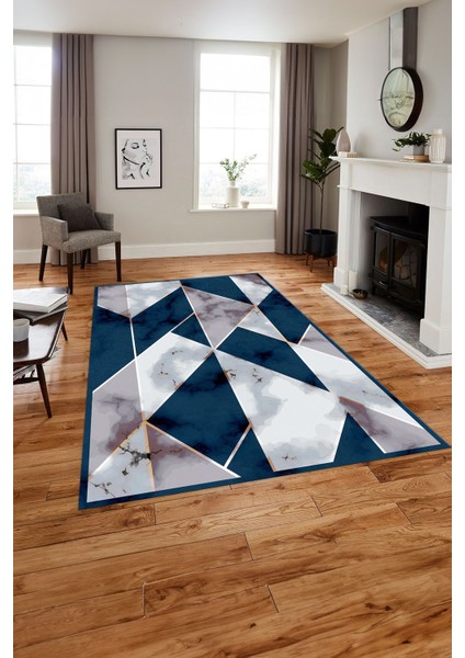 Baskılı Modern Mermer Desenli Yıkanabilir Kaymaz Yolluk Mutfak Salon Halısı, MODERN-160-LACİVERT,
