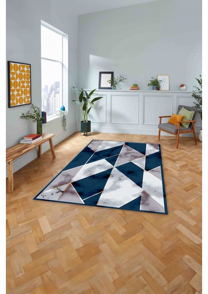 Baskılı Modern Mermer Desenli Yıkanabilir Kaymaz Yolluk Mutfak Salon Halısı, MODERN-160-LACİVERT,