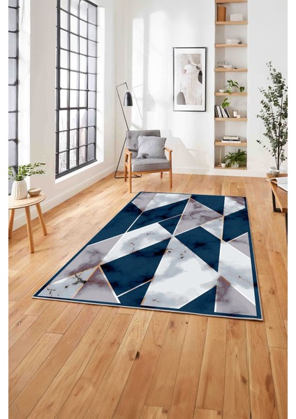 Baskılı Modern Mermer Desenli Yıkanabilir Kaymaz Yolluk Mutfak Salon Halısı, MODERN-160-LACİVERT,