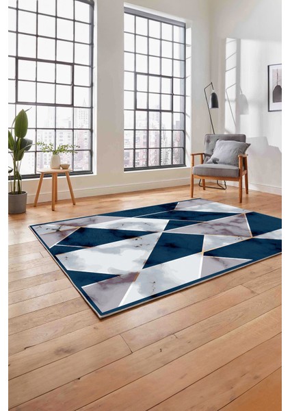 Baskılı Modern Mermer Desenli Yıkanabilir Kaymaz Yolluk Mutfak Salon Halısı, MODERN-160-LACİVERT,