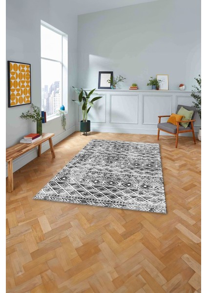 Baskılı Modern Etnik Görünümlü Yıkanabilir Kaymaz Yolluk Mutfak Salon Halısı, Modern-194-Gri,