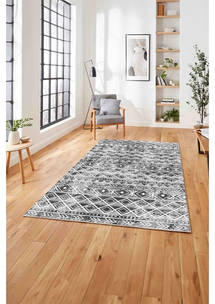 Baskılı Modern Etnik Görünümlü Yıkanabilir Kaymaz Yolluk Mutfak Salon Halısı, Modern-194-Gri,