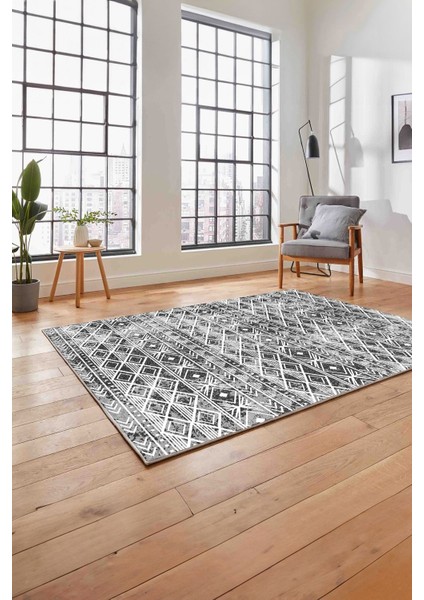 Baskılı Modern Etnik Görünümlü Yıkanabilir Kaymaz Yolluk Mutfak Salon Halısı, Modern-194-Gri,