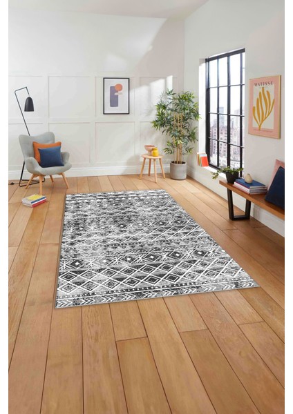Baskılı Modern Etnik Görünümlü Yıkanabilir Kaymaz Yolluk Mutfak Salon Halısı, Modern-194-Gri,