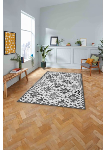 Baskılı Modern Etnik Klasik Desen Yıkanabilir Kaymaz Yolluk Mutfak Salon Halısı, MODERN-163-GRİ,