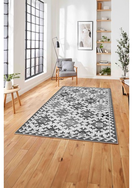 Baskılı Modern Etnik Klasik Desen Yıkanabilir Kaymaz Yolluk Mutfak Salon Halısı, MODERN-163-GRİ,