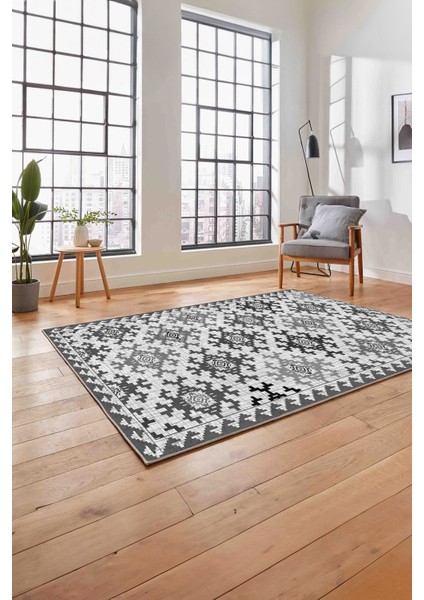 Baskılı Modern Etnik Klasik Desen Yıkanabilir Kaymaz Yolluk Mutfak Salon Halısı, MODERN-163-GRİ,