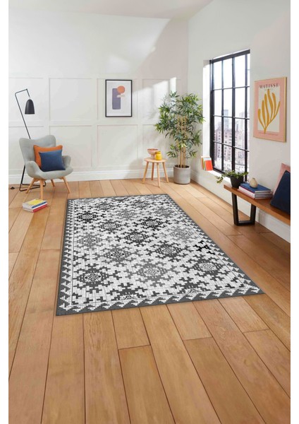 Baskılı Modern Etnik Klasik Desen Yıkanabilir Kaymaz Yolluk Mutfak Salon Halısı, MODERN-163-GRİ,