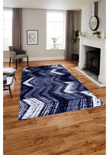 Baskılı Modern Zigzag Model Yıkanabilir Kaymaz Yolluk Mutfak Salon Halısı, MODERN-178-LACİVERT,