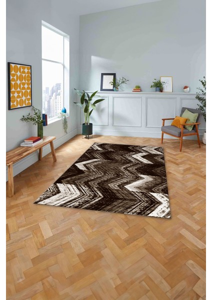 Baskılı Modern Zigzag Model Yıkanabilir Kaymaz Yolluk Mutfak Salon Halısı, Modern-178-Kahve,