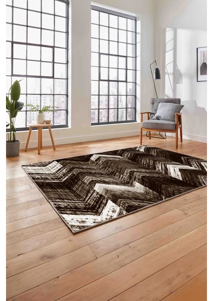 Baskılı Modern Zigzag Model Yıkanabilir Kaymaz Yolluk Mutfak Salon Halısı, Modern-178-Kahve,