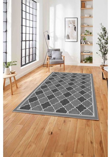 Baskılı Modern Çerçeveli Kupa Desen Yıkanabilir Kaymaz Yolluk Mutfak Salon Halısı, MODERN-169-GRİ,