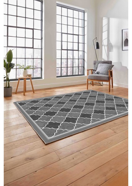 Baskılı Modern Çerçeveli Kupa Desen Yıkanabilir Kaymaz Yolluk Mutfak Salon Halısı, MODERN-169-GRİ,