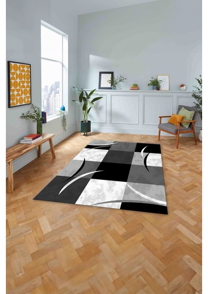 Baskılı Modern Çerçeveli Kare Yıkanabilir Kaymaz Yolluk Mutfak Salon Halısı, MODERN-186-GRİ, fiyatları