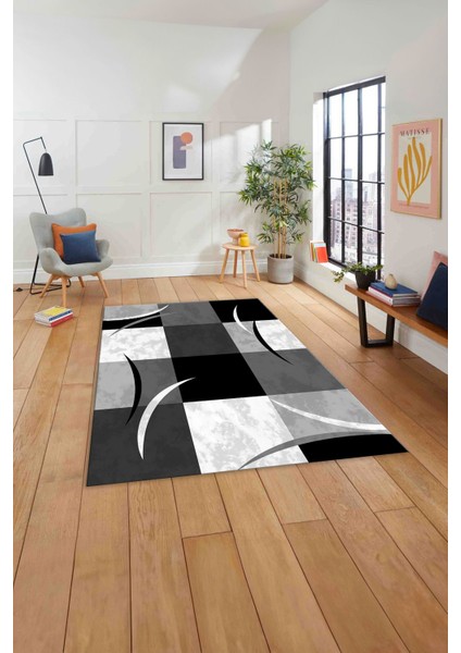 Baskılı Modern Çerçeveli Kare Yıkanabilir Kaymaz Yolluk Mutfak Salon Halısı, MODERN-186-GRİ, indirimleri