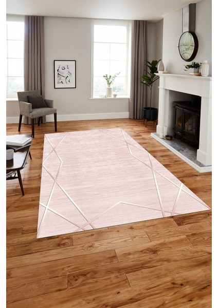 Baskılı Modern Zigzag Çizgili Yıkanabilir Kaymaz Yolluk Mutfak Salon Halısı, Modern-135-Pembe,