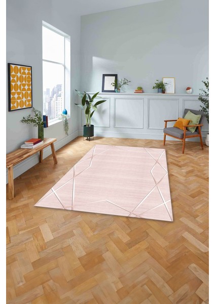 Baskılı Modern Zigzag Çizgili Yıkanabilir Kaymaz Yolluk Mutfak Salon Halısı, Modern-135-Pembe,
