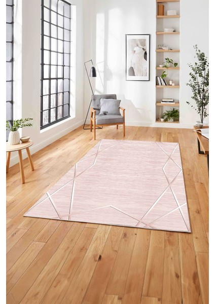 Baskılı Modern Zigzag Çizgili Yıkanabilir Kaymaz Yolluk Mutfak Salon Halısı, Modern-135-Pembe,