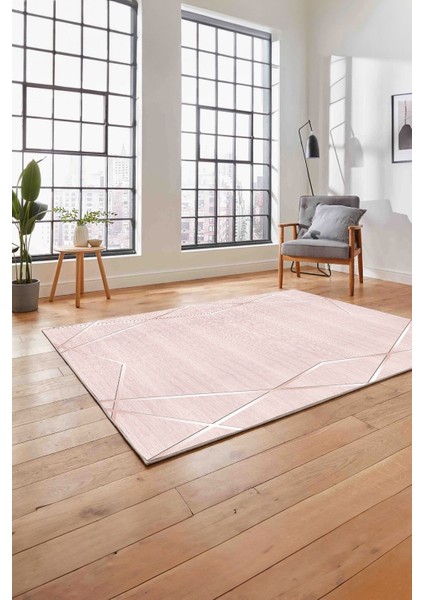 Baskılı Modern Zigzag Çizgili Yıkanabilir Kaymaz Yolluk Mutfak Salon Halısı, Modern-135-Pembe,