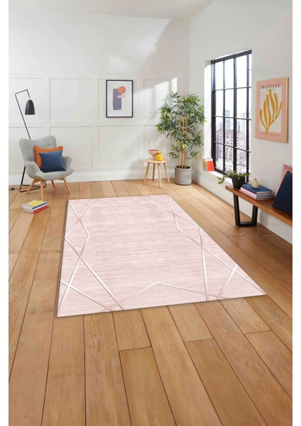 Baskılı Modern Zigzag Çizgili Yıkanabilir Kaymaz Yolluk Mutfak Salon Halısı, Modern-135-Pembe,