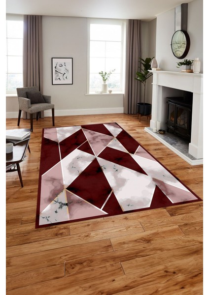 Baskılı Modern Mermer Desenli Yıkanabilir Kaymaz Yolluk Mutfak Salon Halısı, MODERN-160-BORDO,