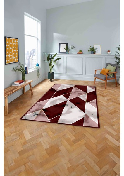 Baskılı Modern Mermer Desenli Yıkanabilir Kaymaz Yolluk Mutfak Salon Halısı, MODERN-160-BORDO,
