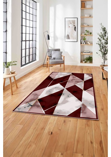 Baskılı Modern Mermer Desenli Yıkanabilir Kaymaz Yolluk Mutfak Salon Halısı, MODERN-160-BORDO,